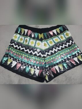 verty Black Sequined Tribal Pattern Shorts with Mint, Pink & Lime Accents